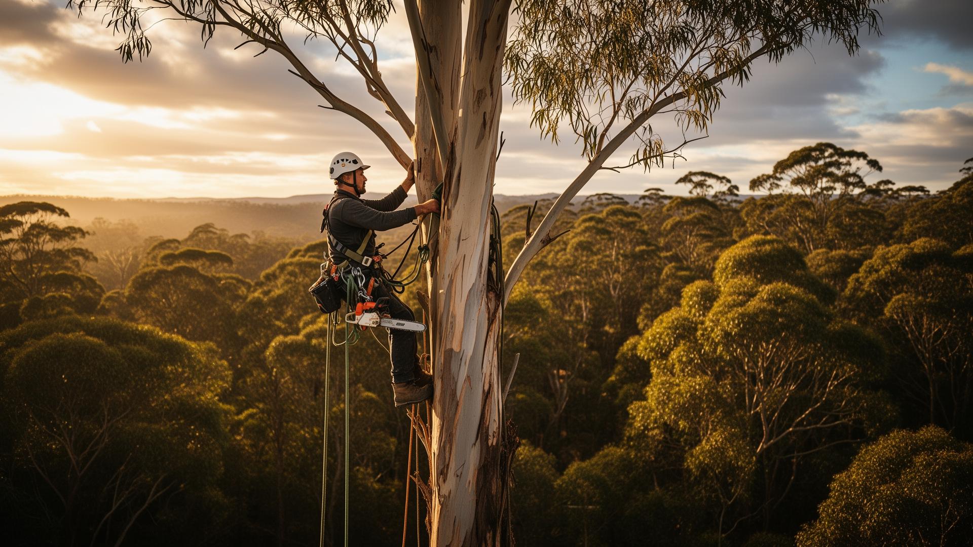 TreeBros arborist climbing a tall eucalyptus with harness and chainsaw in the Yarra Ranges